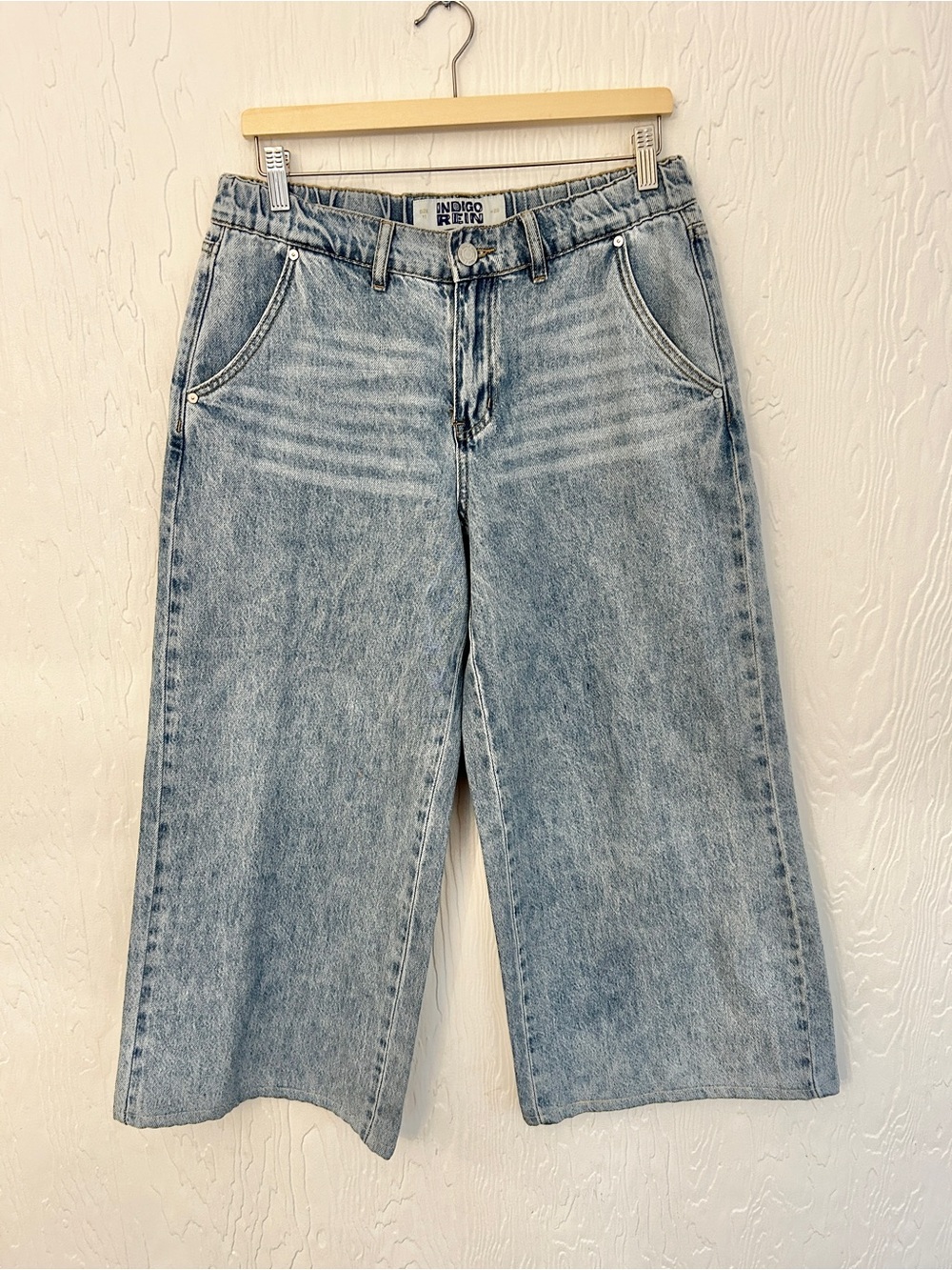 INDIGO REIN Light Wash‎ Wide Leg Jeans Elastic Waist Sz 29 Relaxed Coastal Boho